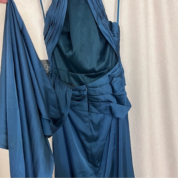 NEW MAC DUGGAL 11642 OPEN BACK HIGH NECK SIDE RUCHED SATIN GOWN Dress Slit Sash - Picture 9 of 16